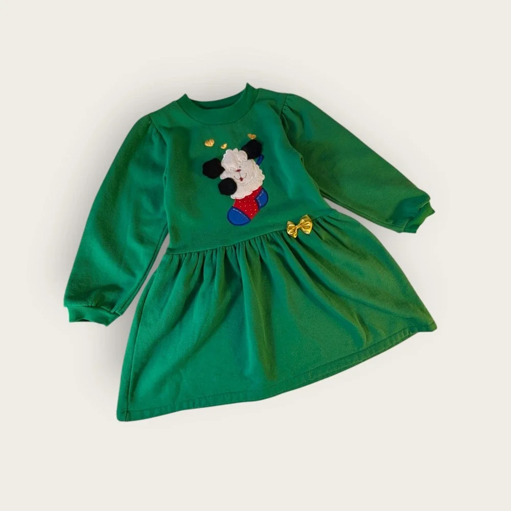 Vintage Buster Brown Girls Green Christmas Puppy Fleece Dress Size 5 Made in USA